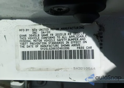 2003 Pontiac Vibe из США, поврежденный, VIN 5Y2SL62863Z481006